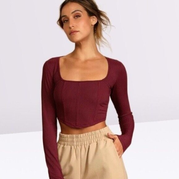 House of Harlow 1960 Wine Long Sleeve Rib Ponte Knit Corset CropTop Sweater L - Picture 1 of 9